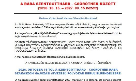 Hajózási zárlat a Rábán 2027 márciusáig
